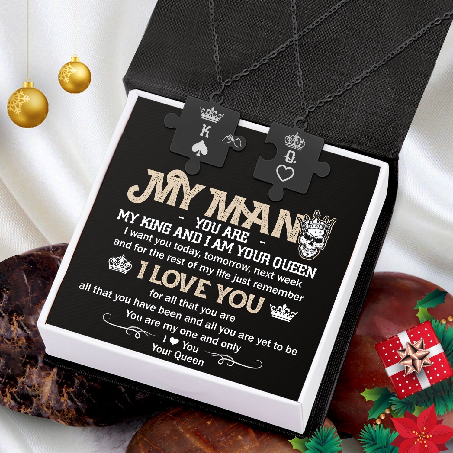 Christmas Gift Puzzle Piece Necklace - Skull - My Man - I Am Your Queen