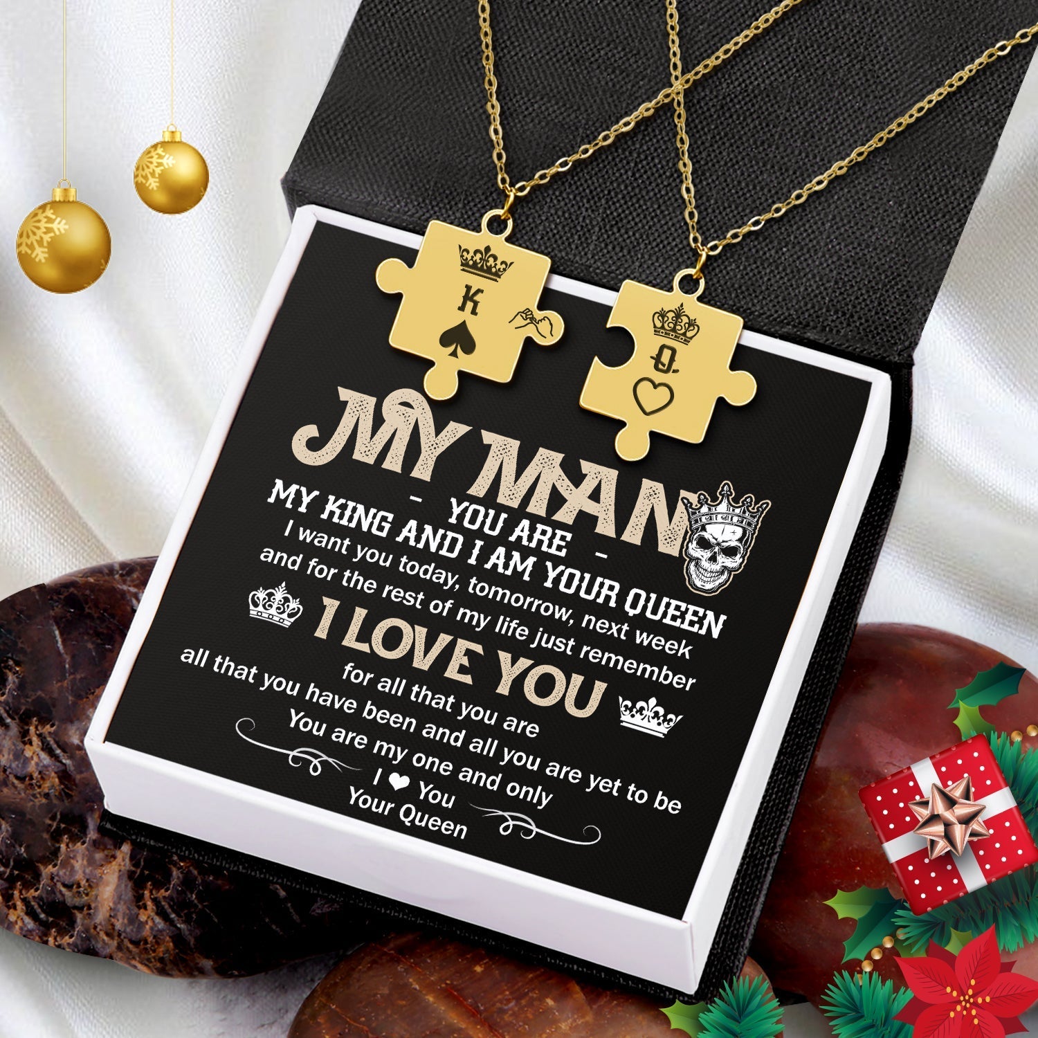 Valentine's Day Gift Puzzle Piece Necklace - Skull - My Man - I Am Your Queen