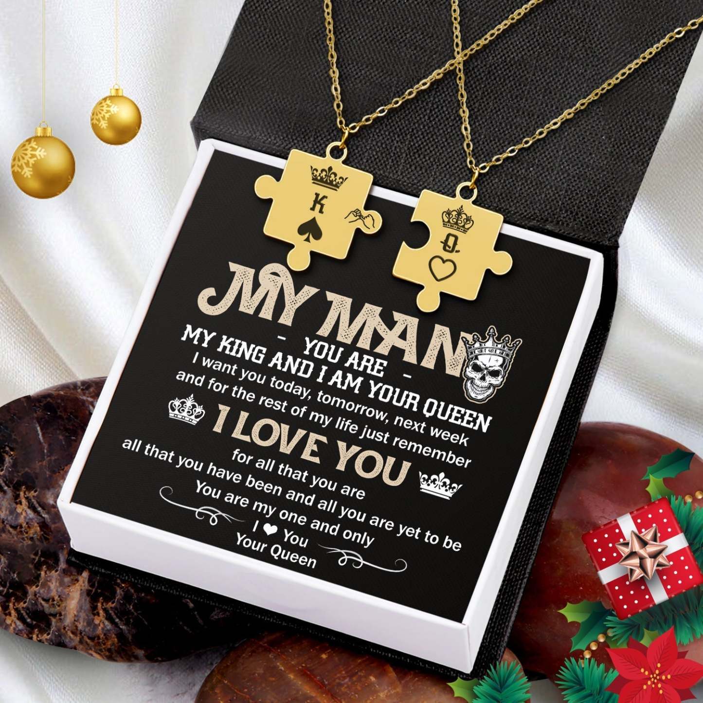 Valentine's Day Gift Puzzle Piece Necklace - Skull - My Man - I Am Your Queen