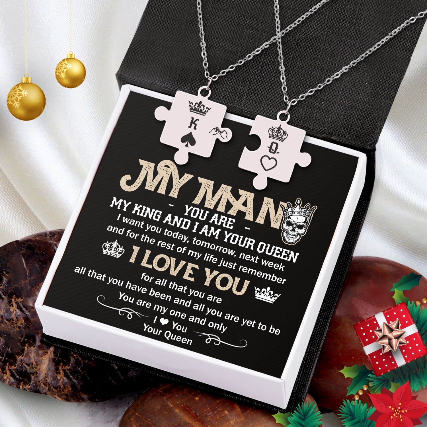 Christmas Gift Puzzle Piece Necklace - Skull - My Man - I Am Your Queen