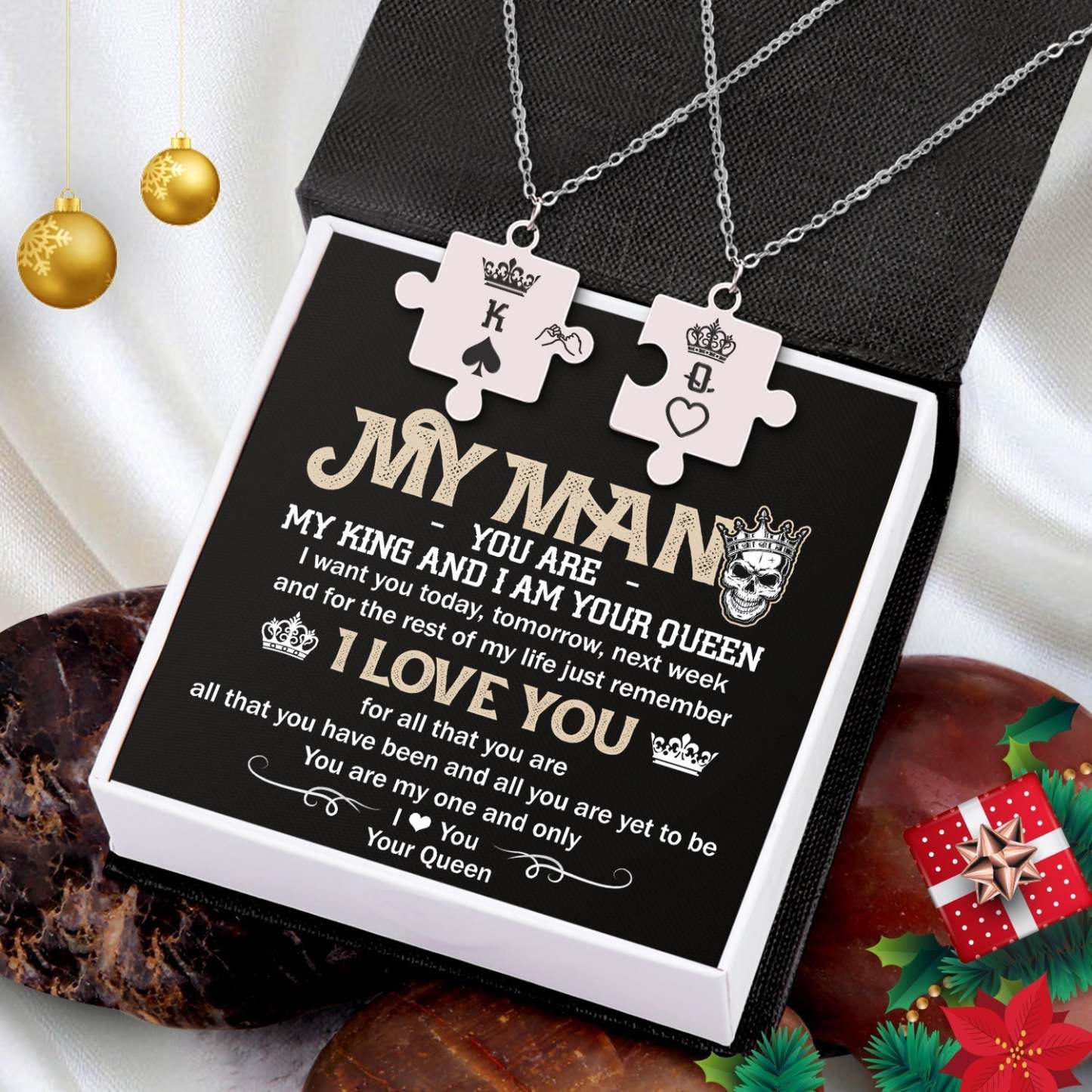 Christmas Gift Puzzle Piece Necklace - Skull - My Man - I Am Your Queen