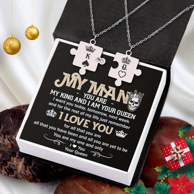 Christmas Gift Puzzle Piece Necklace - Skull - My Man - I Am Your Queen