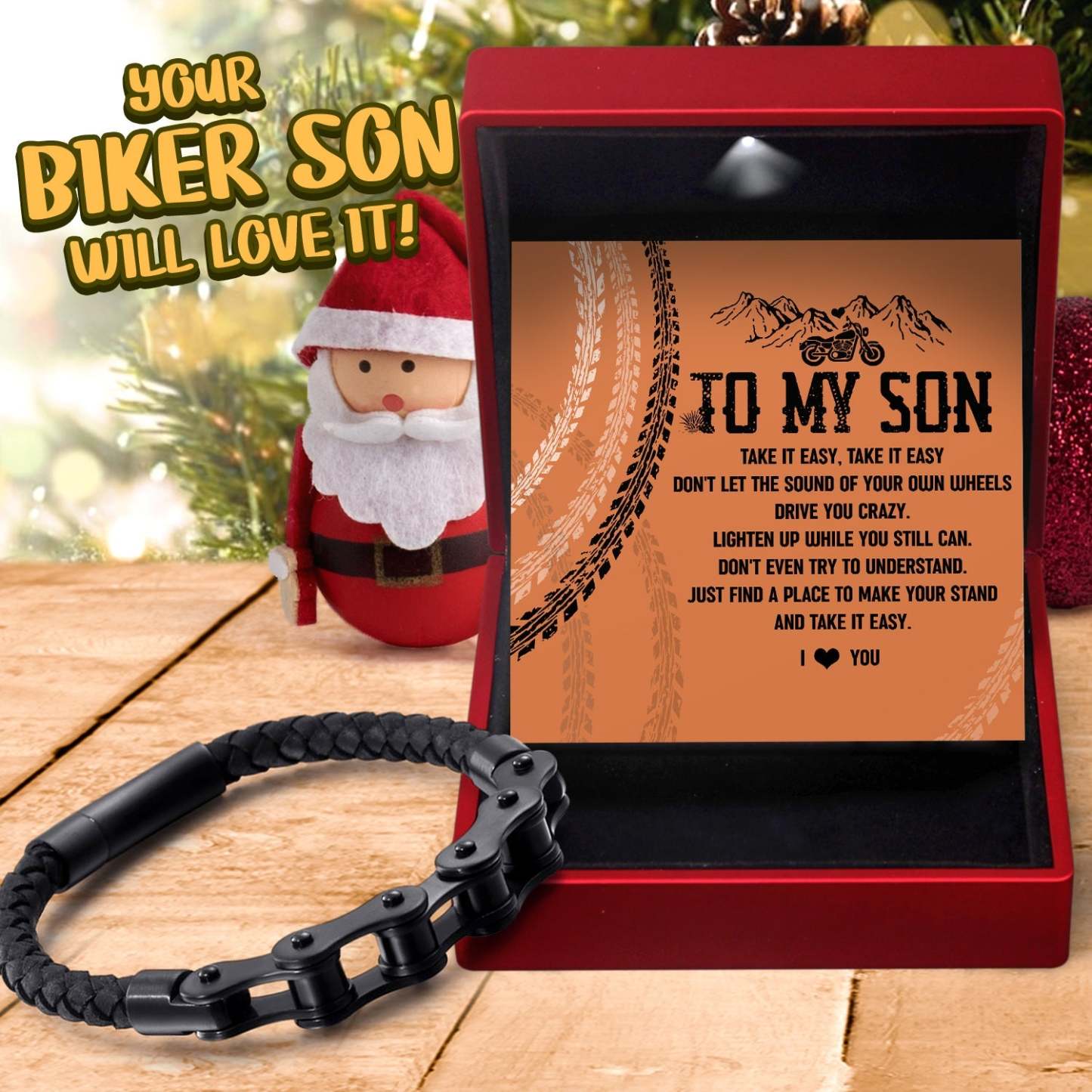 Christmas Gift To My Son - I Love You - Chain Woven Leather Bracelet - Biker