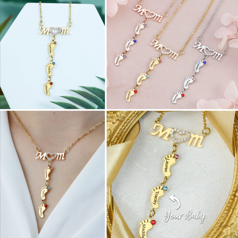 Mother's Day Gift Diamond Mom Necklace With Birthstone Baby Feet-Engravingift