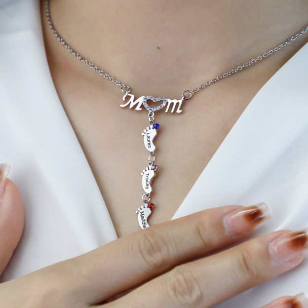 Mother's Day Gift Diamond Mom Necklace With Birthstone Baby Feet-Engravingift