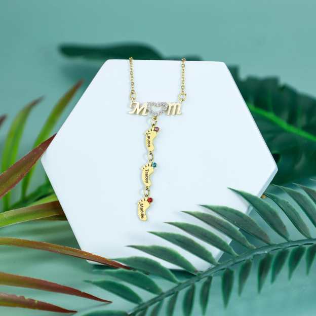 Mother's Day Gift Diamond Mom Necklace With Birthstone Baby Feet-Engravingift