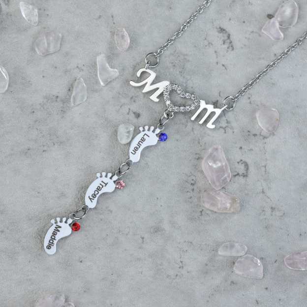 Mother's Day Gift Diamond Mom Necklace With Birthstone Baby Feet-Engravingift