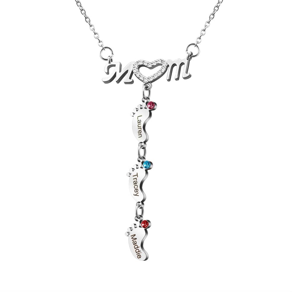 Mother's Day Gift Diamond Mom Necklace With Birthstone Baby Feet-Engravingift
