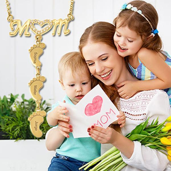 Christmas Gift Personalised Heart Crystal Mom Necklace With Baby Feet