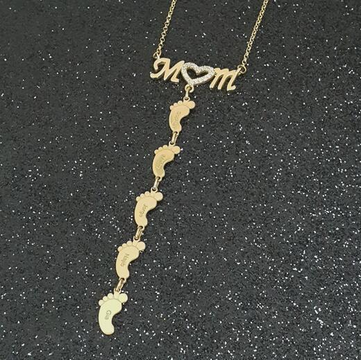 Christmas Gift Personalised Heart Crystal Mom Necklace With Baby Feet