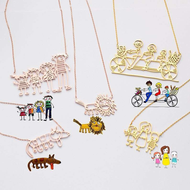 Christmas Gift Personalized Engraved Children Art Drawing Necklace & Keychain-Engravingift