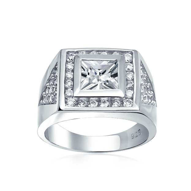 Christmas Gift Big Mens Square AAA CZ Engagement Statement Ring-Engravingift