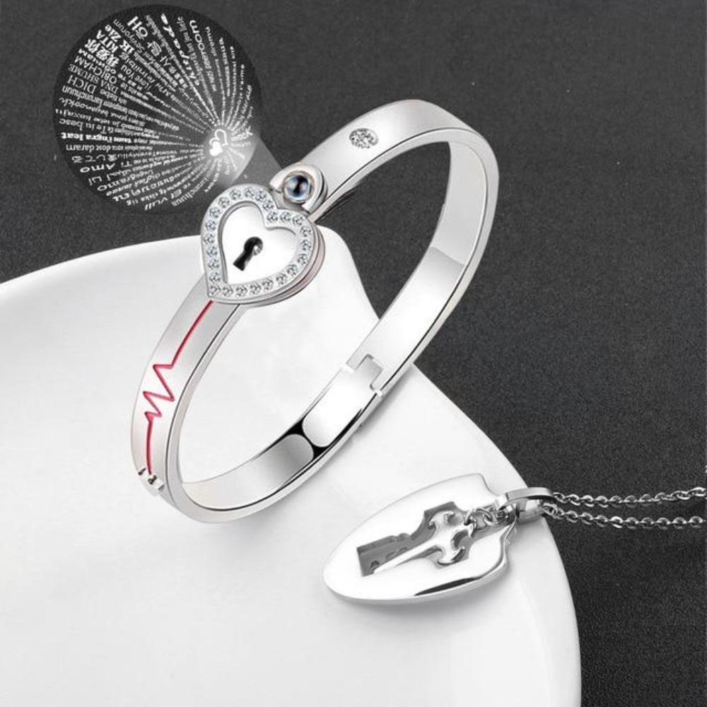 100 Language Heartbeat Key to My Heart Couple Necklace & Bracelet Lock and Key Set (16 Designs)