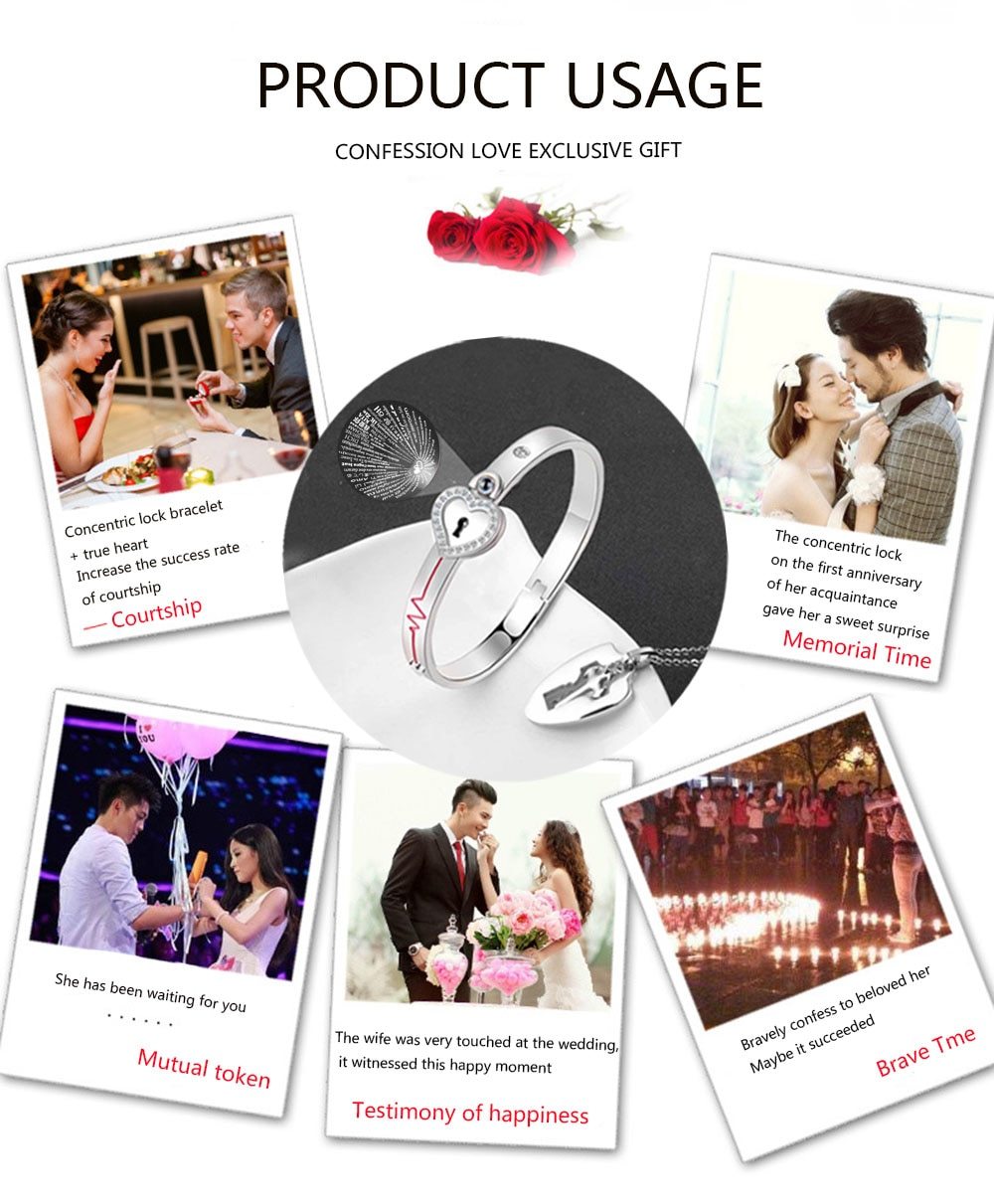 100 Language Heartbeat Key to My Heart Couple Necklace & Bracelet Lock and Key Set (16 Designs)