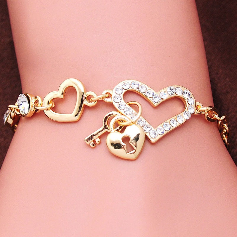 Mother's Day Gift Free shipping Chain Bracelet Gold Color Women Love Heart Link Bracelet Crystal  Bracelets Bangles Valentine's Day Gift-Engravingift