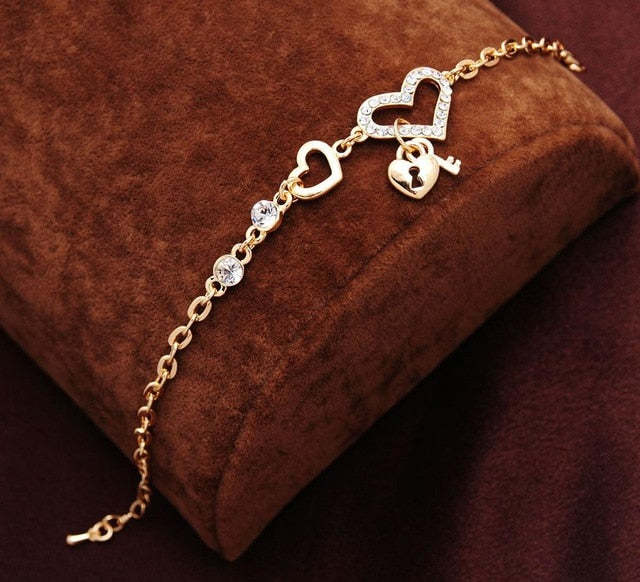 Mother's Day Gift Free shipping Chain Bracelet Gold Color Women Love Heart Link Bracelet Crystal Bracelets Bangles Valentine's Day Gift-Engravingift