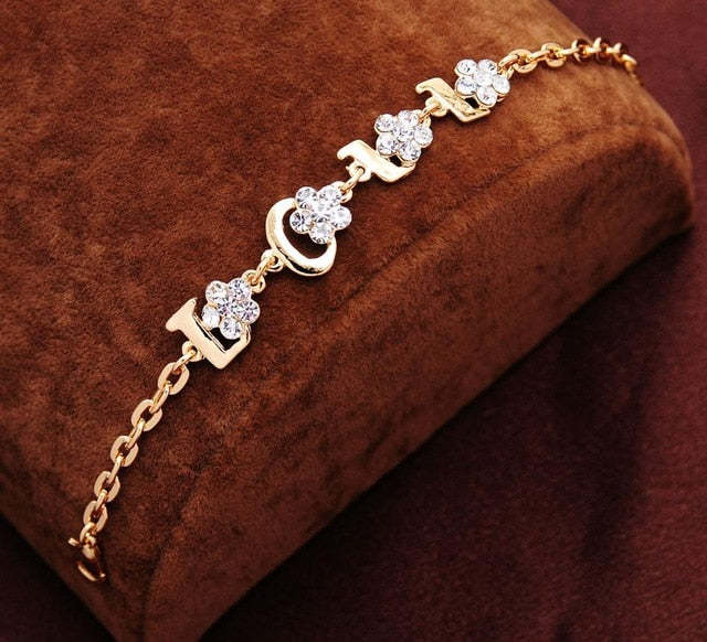 Mother's Day Gift Free shipping Chain Bracelet Gold Color Women Love Heart Link Bracelet Crystal Bracelets Bangles Valentine's Day Gift-Engravingift