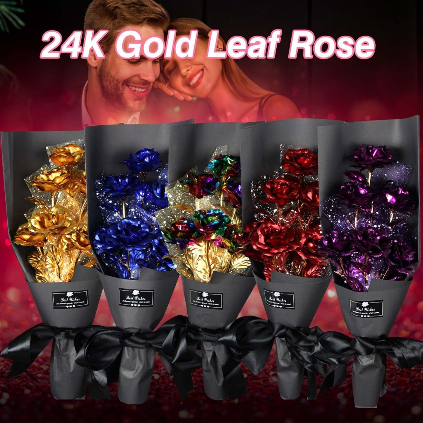 Christmas Gift 24k Galaxy Foil Rose Bouquet 6 Flower Arrangement (5 Colors) w/Gift Box