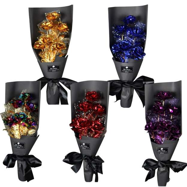 Christmas Gift 24k Galaxy Foil Rose Bouquet 6 Flower Arrangement (5 Colors) w/Gift Box