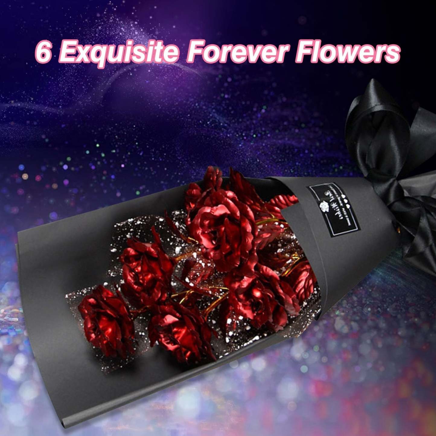 Christmas Gift 24k Galaxy Foil Rose Bouquet 6 Flower Arrangement (5 Colors) w/Gift Box