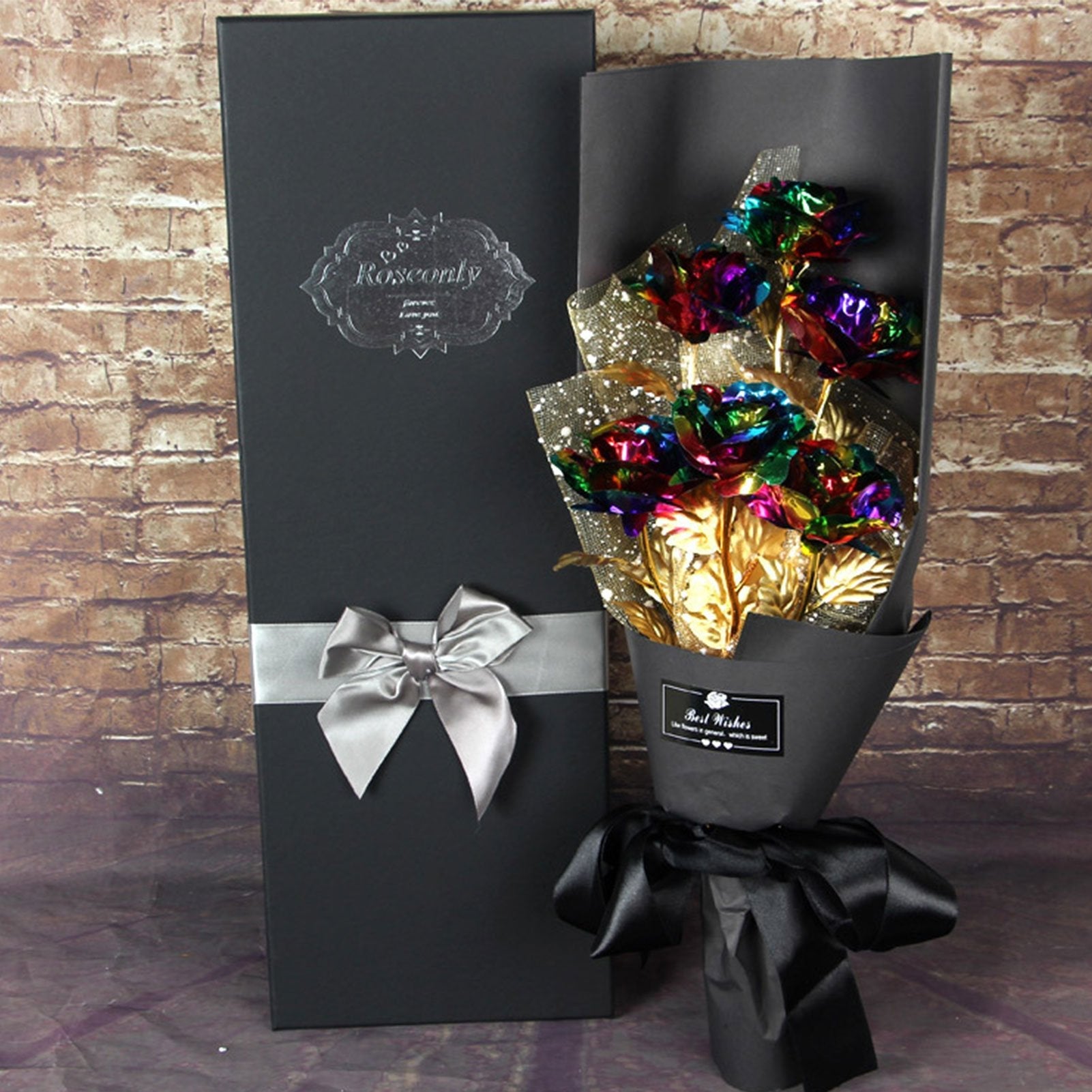 Christmas Gift 24k Galaxy Foil Rose Bouquet 6 Flower Arrangement (5 Colors) w/Gift Box