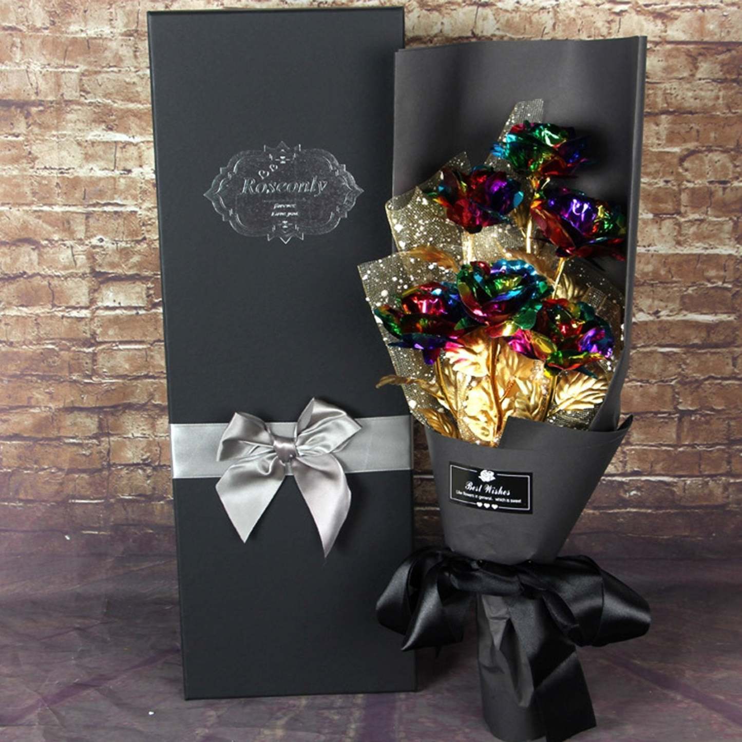 Christmas Gift 24k Galaxy Foil Rose Bouquet 6 Flower Arrangement (5 Colors) w/Gift Box