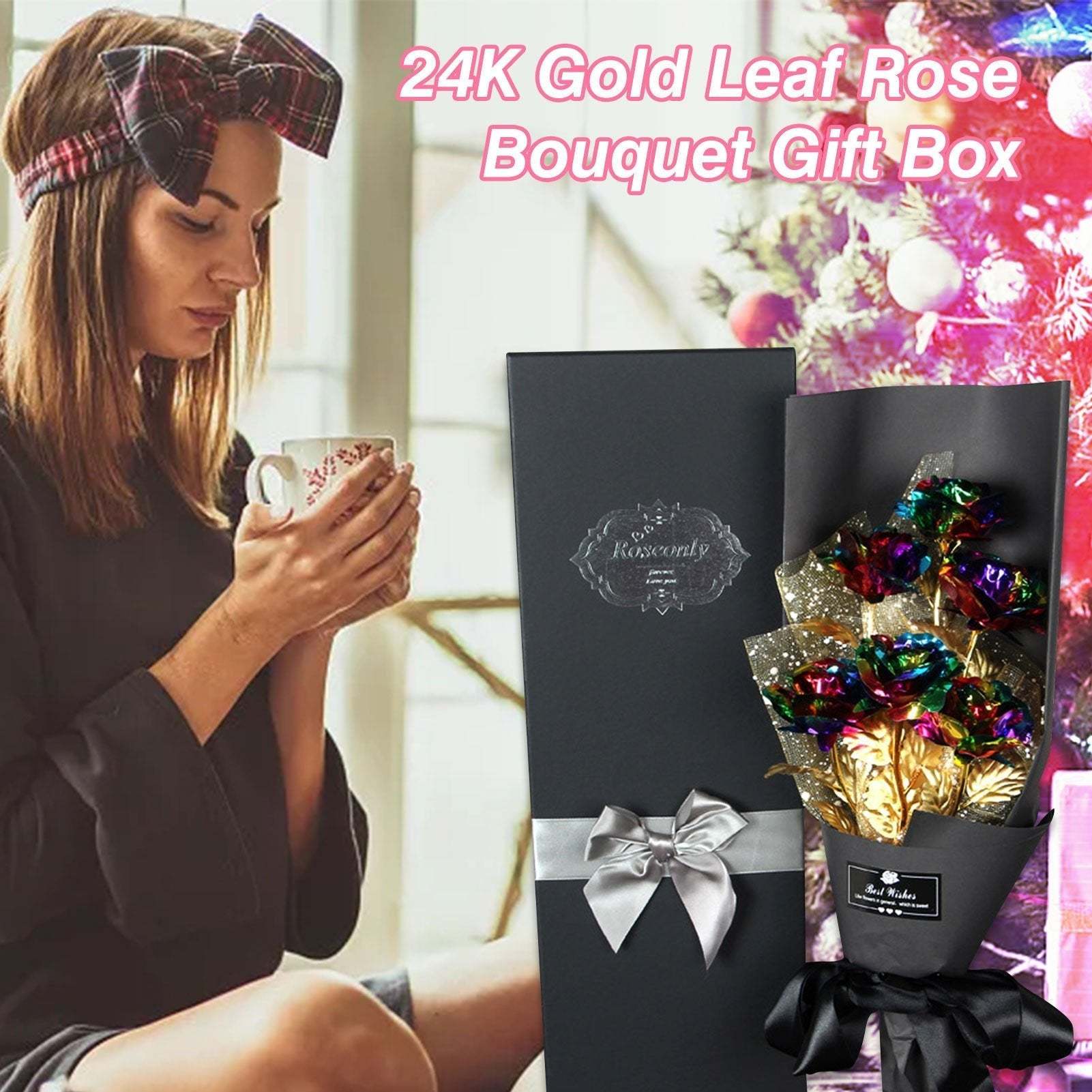 Christmas Gift 24k Galaxy Foil Rose Bouquet 6 Flower Arrangement (5 Colors) w/Gift Box