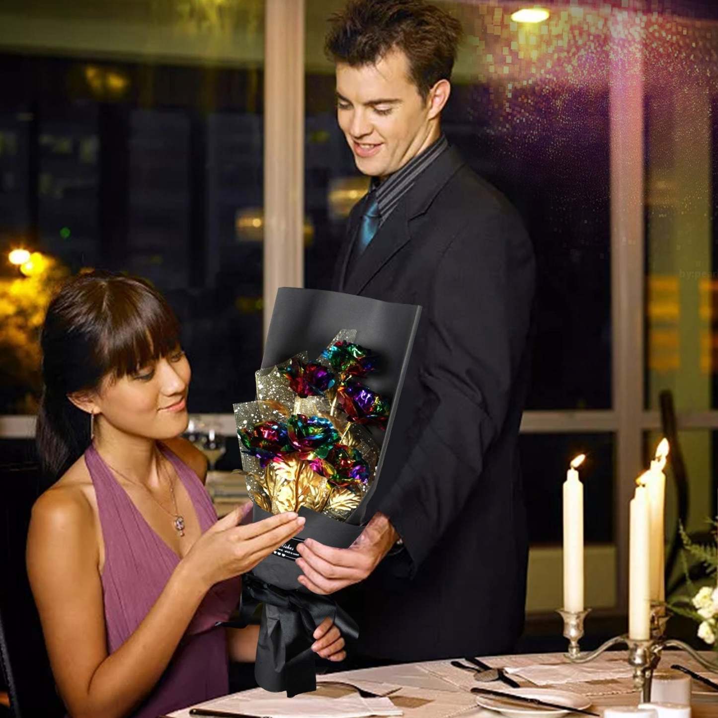 Christmas Gift 24k Galaxy Foil Rose Bouquet 6 Flower Arrangement (5 Colors) w/Gift Box