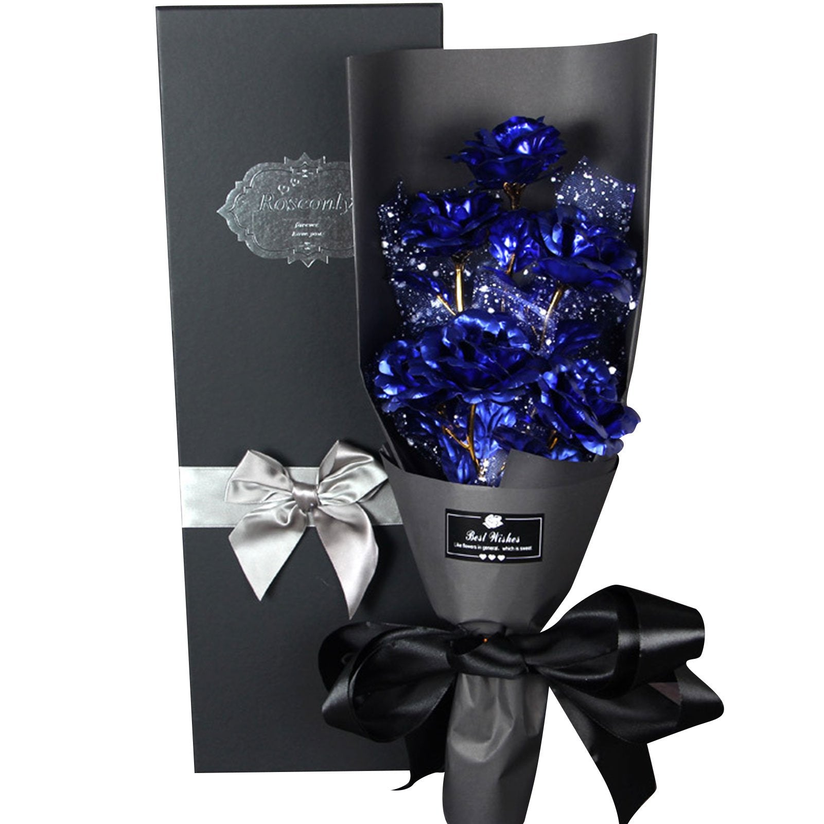 Christmas Gift 24k Galaxy Foil Rose Bouquet 6 Flower Arrangement (5 Colors) w/Gift Box