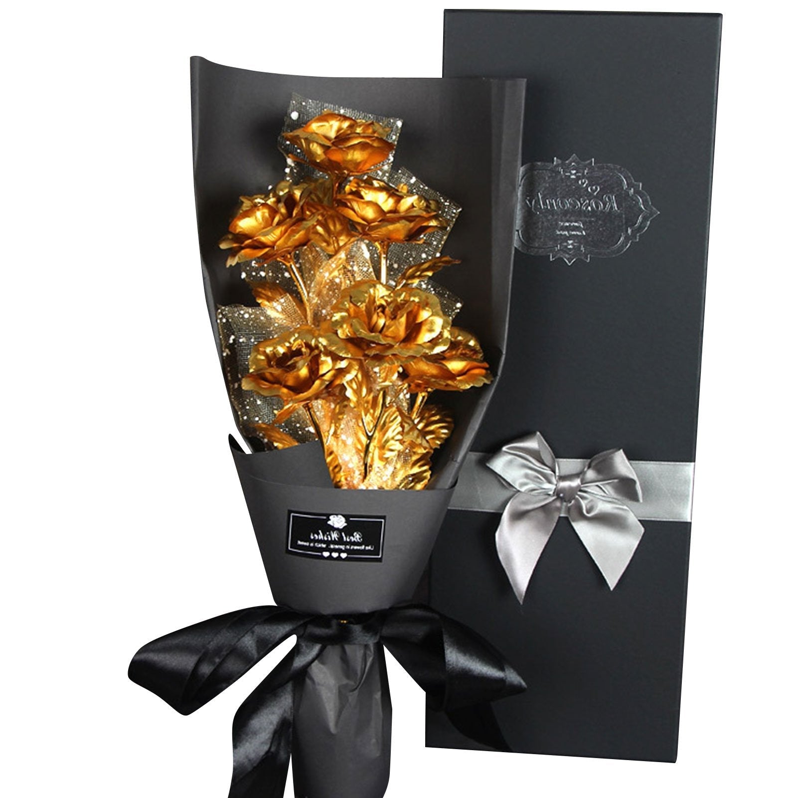 Christmas Gift 24k Galaxy Foil Rose Bouquet 6 Flower Arrangement (5 Colors) w/Gift Box