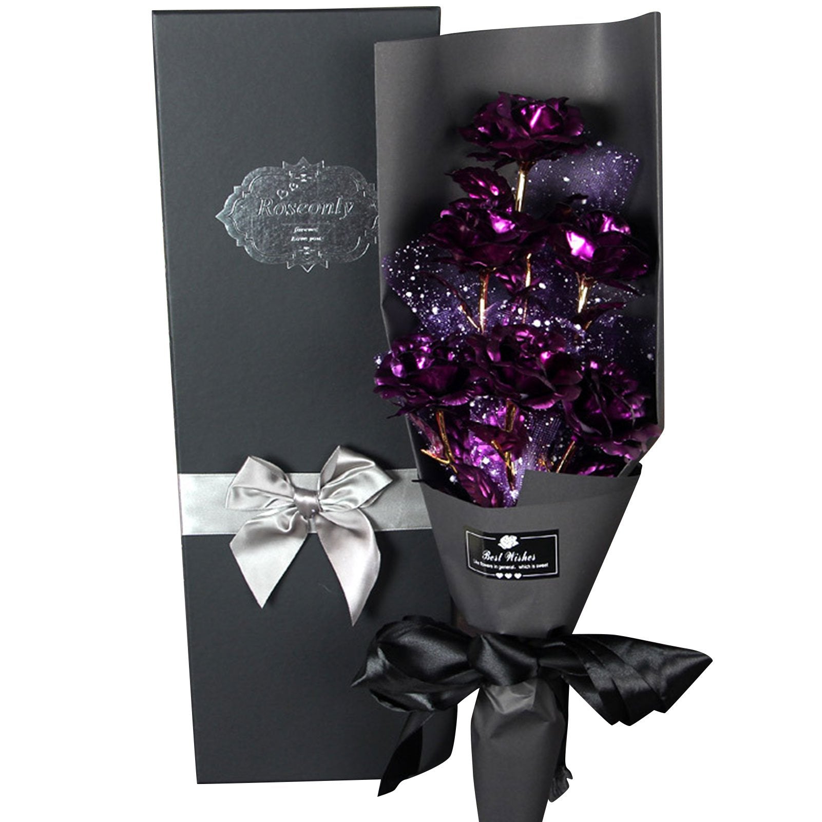 Christmas Gift 24k Galaxy Foil Rose Bouquet 6 Flower Arrangement (5 Colors) w/Gift Box