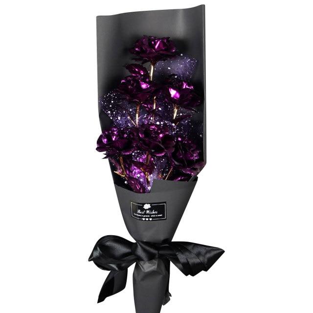 Christmas Gift 24k Galaxy Foil Rose Bouquet 6 Flower Arrangement (5 Colors) w/Gift Box