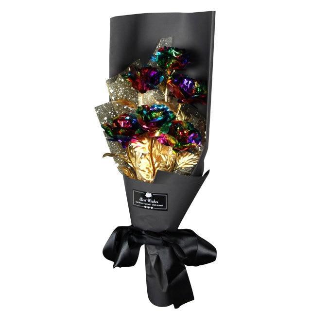 Christmas Gift 24k Galaxy Foil Rose Bouquet 6 Flower Arrangement (5 Colors) w/Gift Box