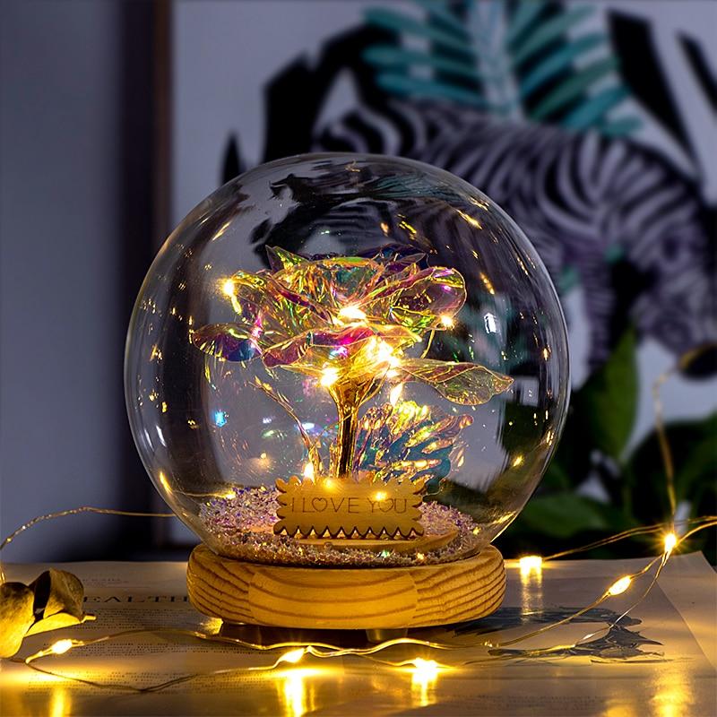 Christmas Gift Galaxy Crystal Ball Enchanted Red Rose LED Glass Display (Gold or Silver Stars)