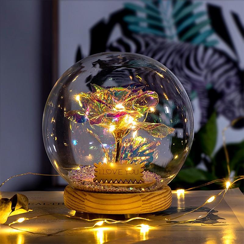 Christmas Gift Galaxy Crystal Ball Enchanted Red Rose LED Glass Display (Gold or Silver Stars)