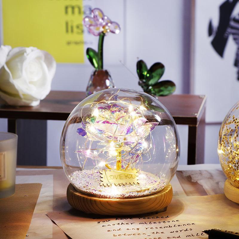 Christmas Gift Galaxy Crystal Ball Enchanted Red Rose LED Glass Display (Gold or Silver Stars)