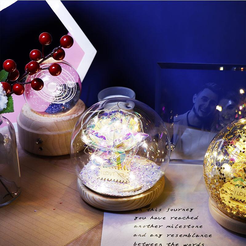 Christmas Gift Galaxy Crystal Ball Enchanted Red Rose LED Glass Display (Gold or Silver Stars)