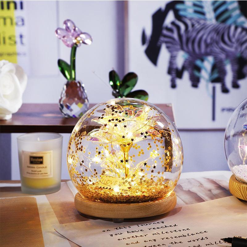 Christmas Gift Galaxy Crystal Ball Enchanted Red Rose LED Glass Display (Gold or Silver Stars)
