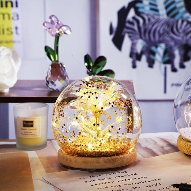 Christmas Gift Galaxy Crystal Ball Enchanted Red Rose LED Glass Display (Gold or Silver Stars)