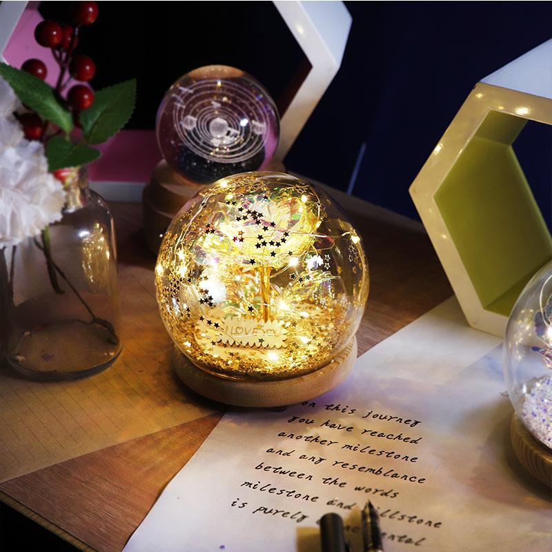 Christmas Gift Galaxy Crystal Ball Enchanted Red Rose LED Glass Display (Gold or Silver Stars)