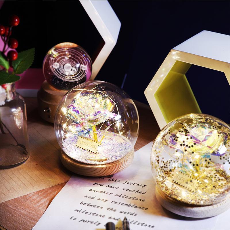 Christmas Gift Galaxy Crystal Ball Enchanted Red Rose LED Glass Display (Gold or Silver Stars)