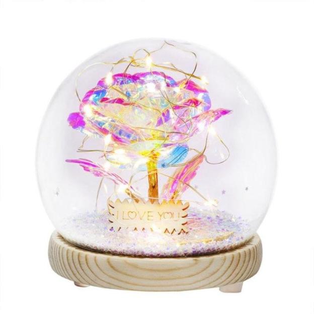 Christmas Gift Galaxy Crystal Ball Enchanted Red Rose LED Glass Display (Gold or Silver Stars)