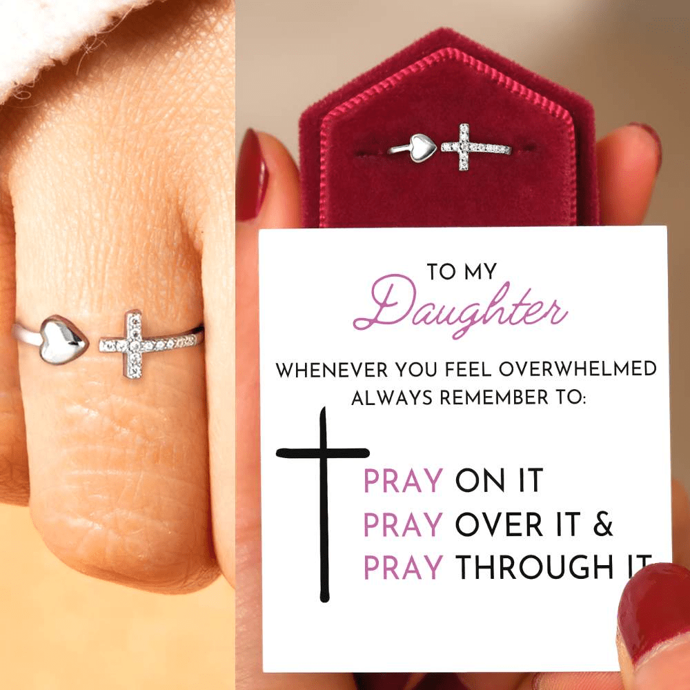 To My Daughter | Pray | Cross & Heart Ring Open Design - Adjustable One Size Fits All / No Rings Awareness Avenue