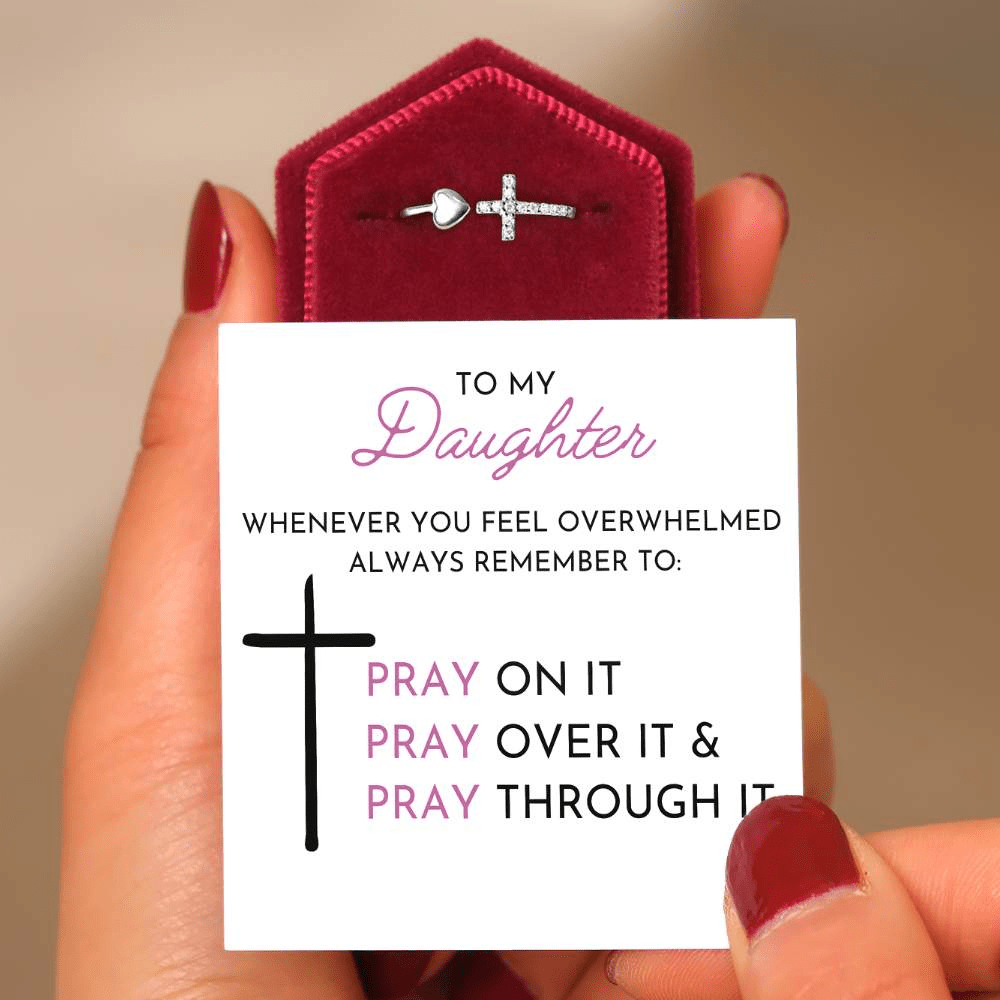 Mother's Day Gift To My Daughter Pray Cross & Heart Ring-Engravingift