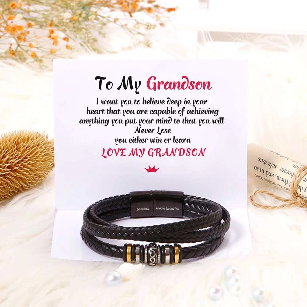 To My Grandson, Inspirational Leather Bracelet Bangle with Message Card Gifts For Him n1