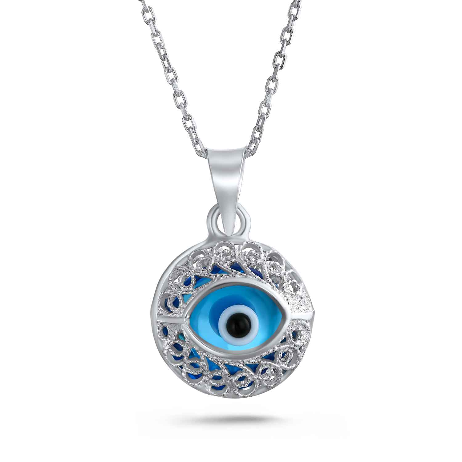 Mother's Day Gift Graduation Gift Oval Round Evil Eye Blue Filigree 925 Sterling Silver Pendant Necklace-Engravingift