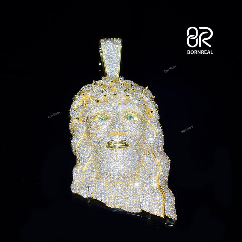 Custom VVS Moissanite Yellow Gold 3D Diamond Jesus Pendant