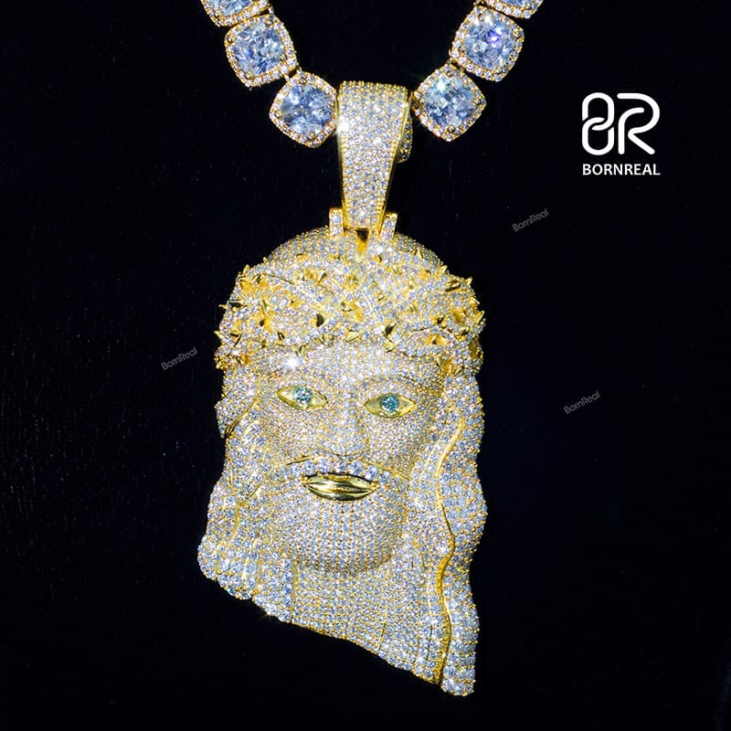 Custom VVS Moissanite Yellow Gold 3D Diamond Jesus Pendant