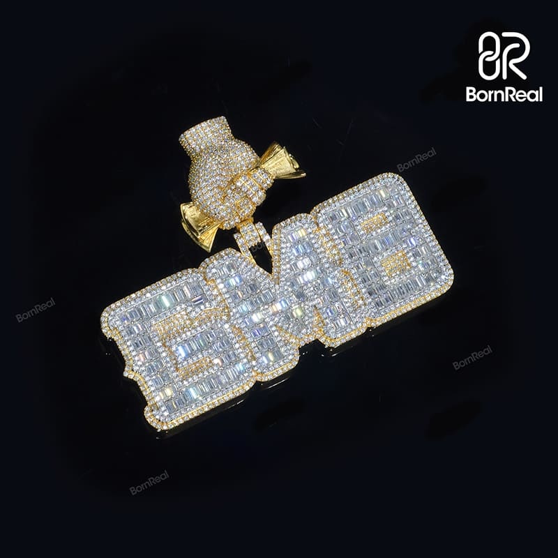 Custom Baguette Moissanite Logo Hip Hop Chain Iced Out Pendant For Men 