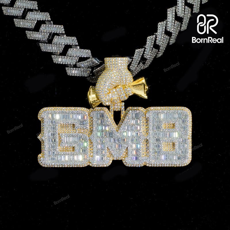 Custom Baguette Moissanite Logo Hip Hop Chain Iced Out Pendant For Men 